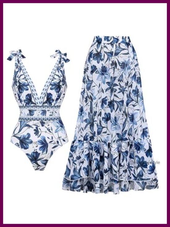 Other - One Piece Swimsuit Lace Up V Neck with Sarong Skirt